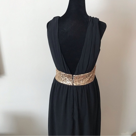 RED Clover Grecian style black backless dress with gold sequin accents. - Picture 3 of 9